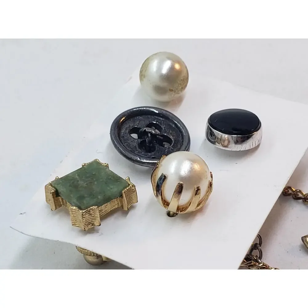 VTG Lot 5 Mens Tie Tacs Pins Nephrite Faux Pearl Onyx Gift Sterling Silver Pins